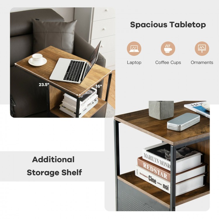 C-shaped sofa side end table with oak tabletop and black steel frame, featuring an additional storage shelf for.