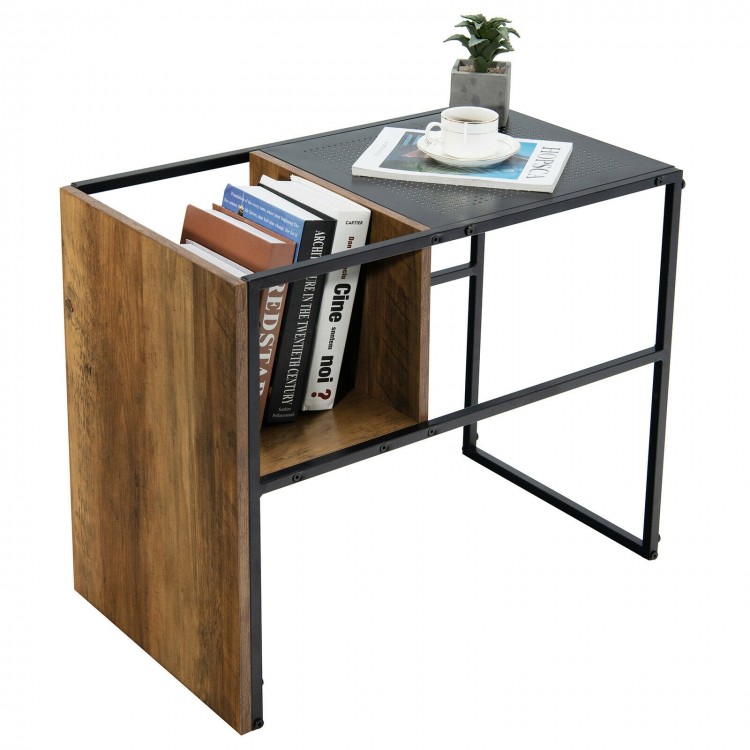 C-shaped side table with oak tabletop and black steel frame, featuring a storage shelf for books and snacks.