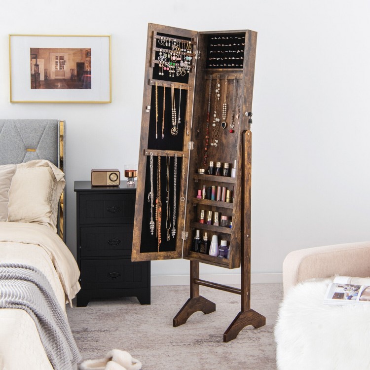 Standing jewelry cabinet with full-length mirror, ample storage, and lockable door, perfect for bedroom organization.
