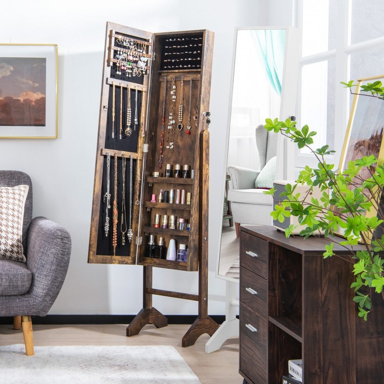 Standing jewelry cabinet with full-length mirror, ample storage, and lockable door, perfect for bedroom or living room.