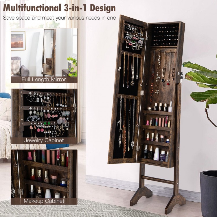 Jewelry armoire featuring a stylish full-length mirror, soft velvet lining, and lockable door for secure storage and.
