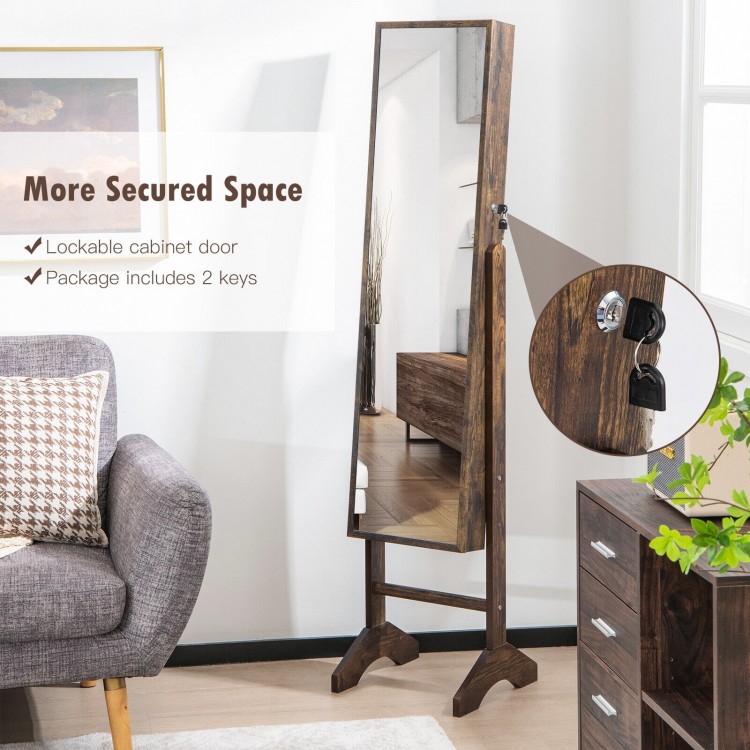 Standing jewelry cabinet with full-length mirror, lockable door, and ample storage for organized jewelry in brown.