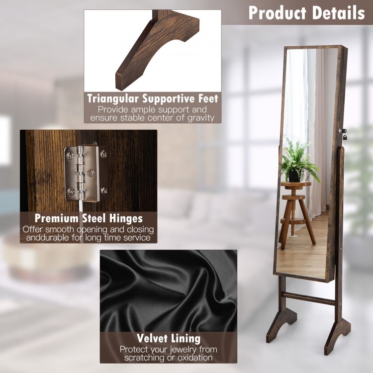 Standing jewelry armoire with full-length mirror, brown MDF, velvet lining, and lockable door for secure storage.