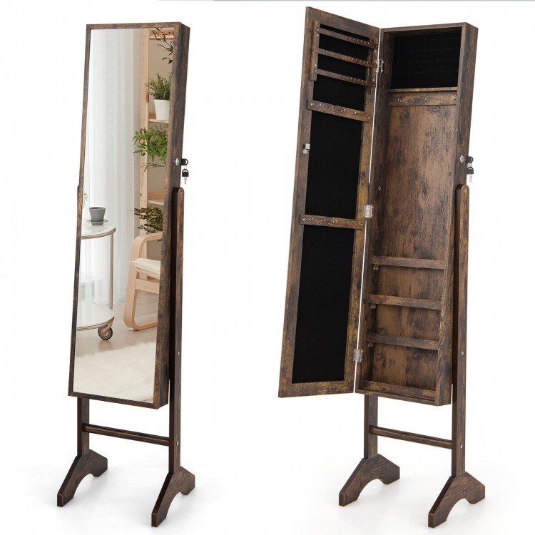 Standing jewelry cabinet with full-length mirror, brown MDF, ample storage, lockable door, soft velvet lining for.