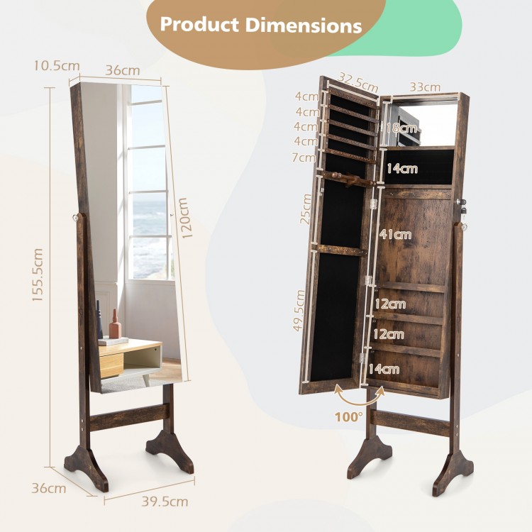 Standing jewelry cabinet with full length mirror in brown, featuring adjustable tilt and lockable storage for jewelry.