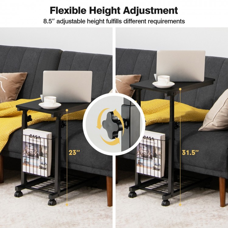 C-shape sofa side table in black with adjustable height, storage basket, and mesh shelf for versatile use.