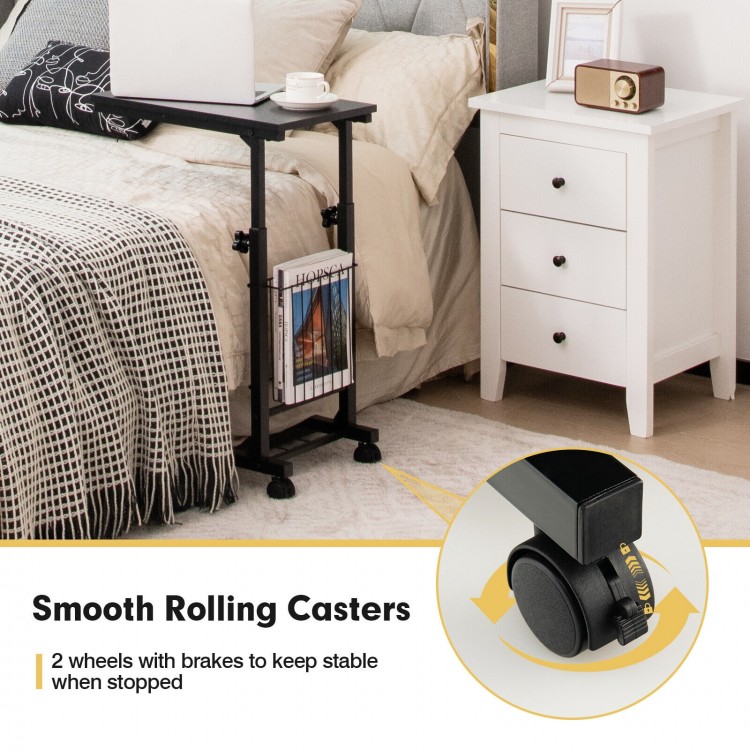 C-shape sofa side table in black with storage basket and smooth-rolling casters for easy mobility and stability.