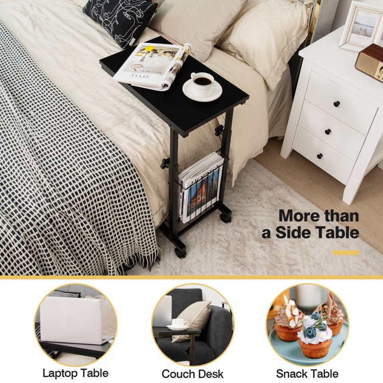 C-shape black sofa side table with storage basket and adjustable height, ideal for living room or bedroom use.