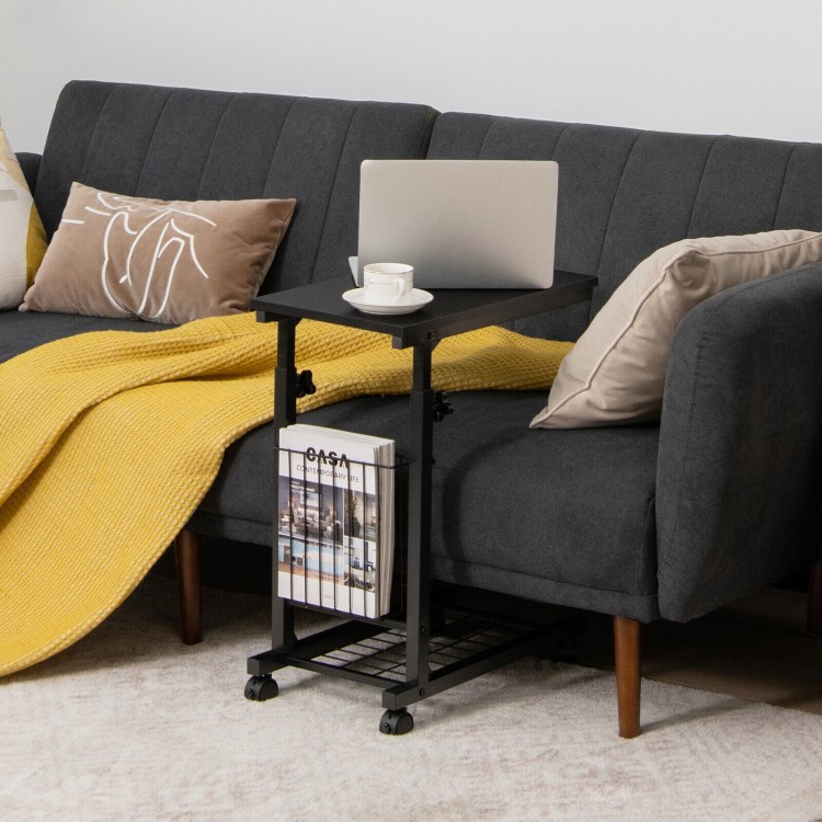 C-shape sofa side table in black with spacious top, mesh shelf, and casters for easy movement in any room setting.