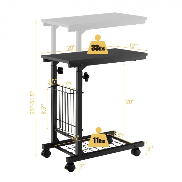 C-shape black sofa side table with adjustable height, storage basket, and mesh shelf for versatile use in any room.