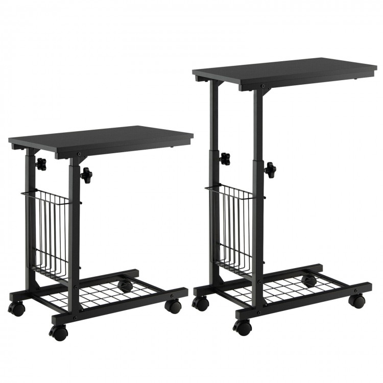 C-shape black sofa side table with adjustable height, storage basket, and casters for easy mobility and convenience.