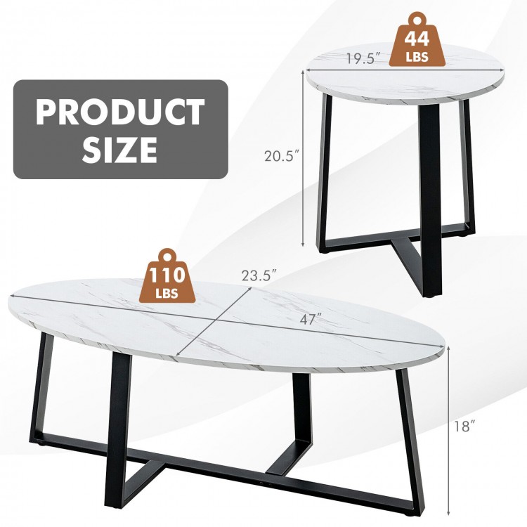 Oval and round nesting coffee tables with faux marble tops and black steel legs, perfect for living room or office use.