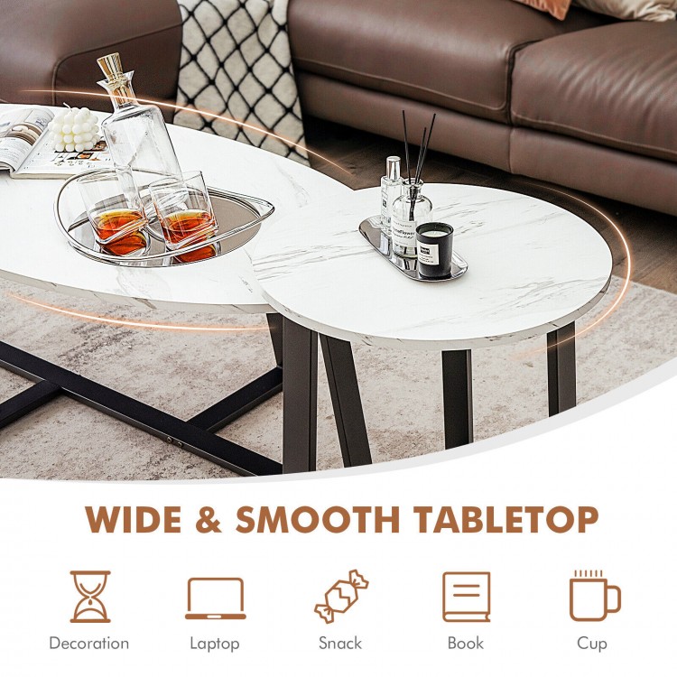 Oval and round nesting coffee tables with faux marble tops and black legs, perfect for living room or office use.