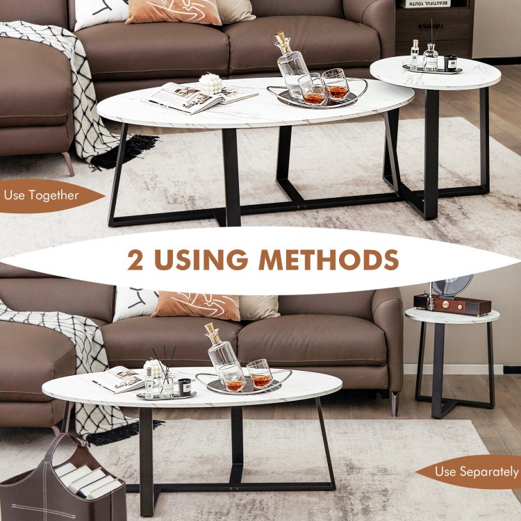 Modern faux marble nesting coffee table set with oval and round tables, ideal for living room or office use.