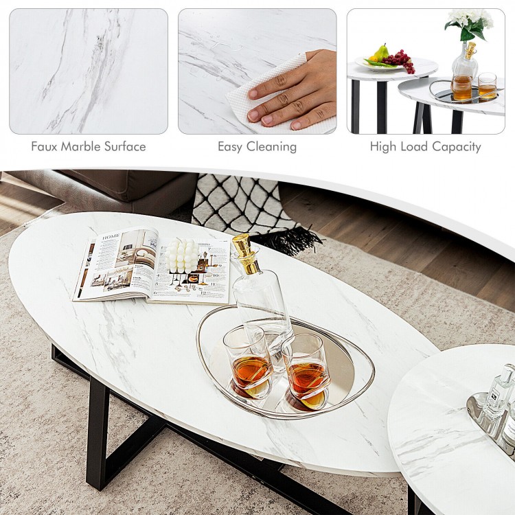 Oval and round nesting coffee tables with faux marble surface, black legs, perfect for living room or office use.