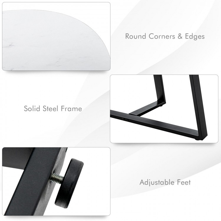 Detail of the solid steel frame and adjustable feet of the modern faux marble nesting coffee table set in white.