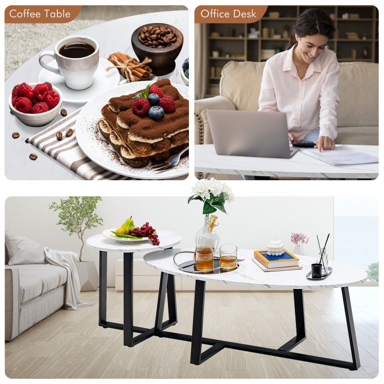 Modern faux marble nesting coffee table set with oval and round tables, perfect for living room or office use.
