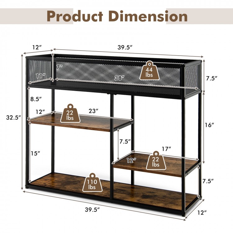 4-tier industrial console table with wire basket and shelves, featuring rustic brown MDF and steel, ideal for living.