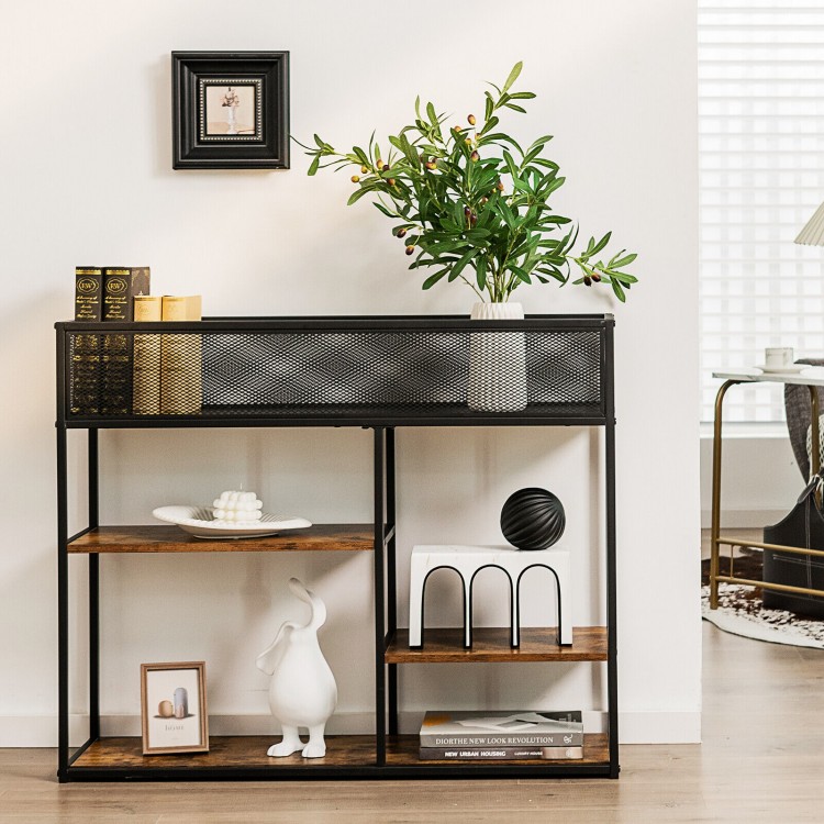 4-tier industrial console table in rustic brown with wire basket and shelves, ideal for living room or entryway storage.