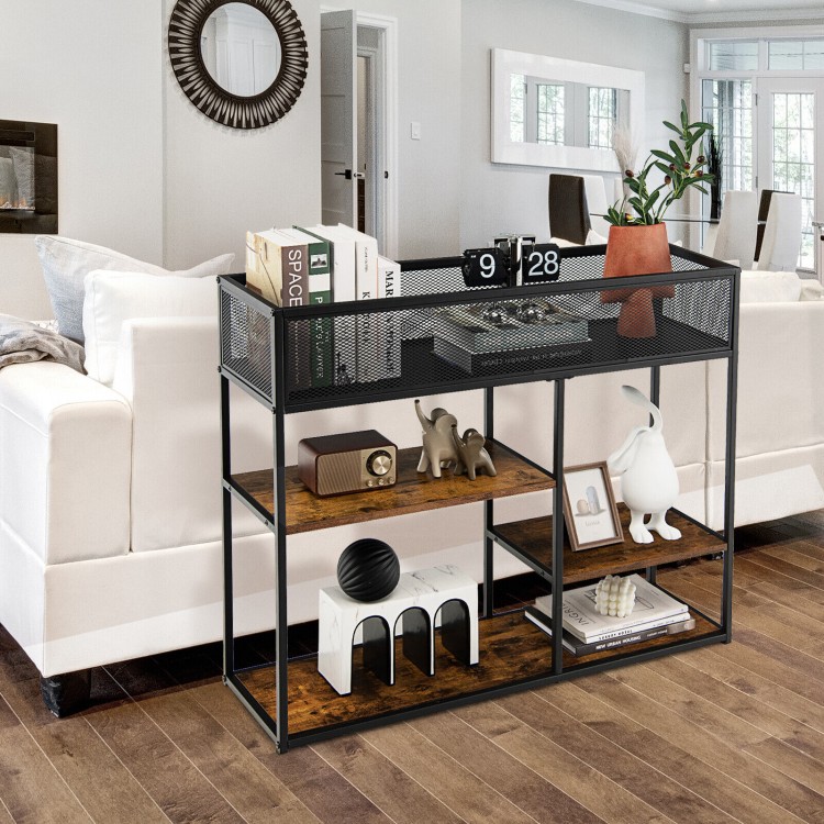 Industrial console table with wire basket and rustic brown finish, showcasing three shelves for stylish storage.