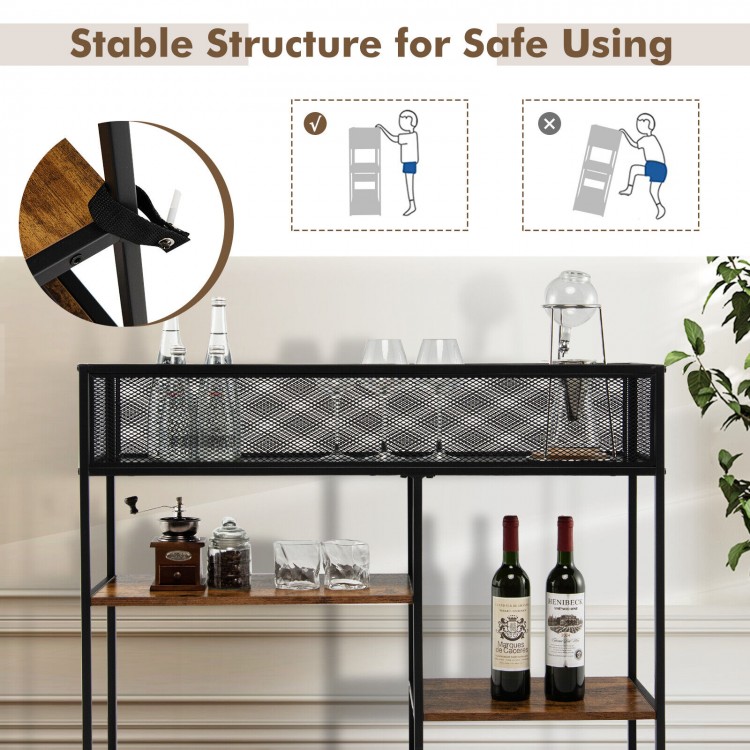 4-tier industrial console table in rustic brown with wire basket and shelves, featuring anti-toppling device for safety.