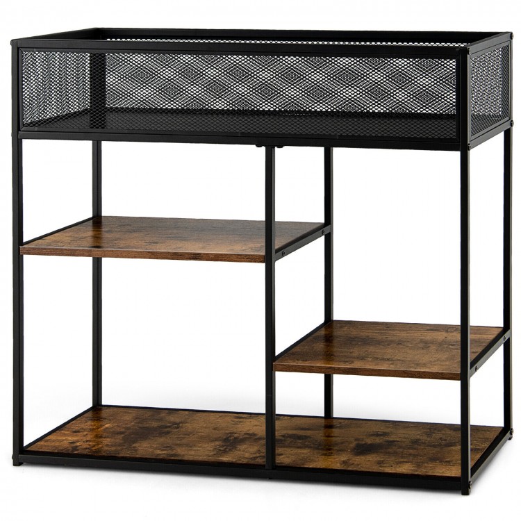 4-tier industrial console table in rustic brown with wire basket and three shelves, ideal for living room or entryway.