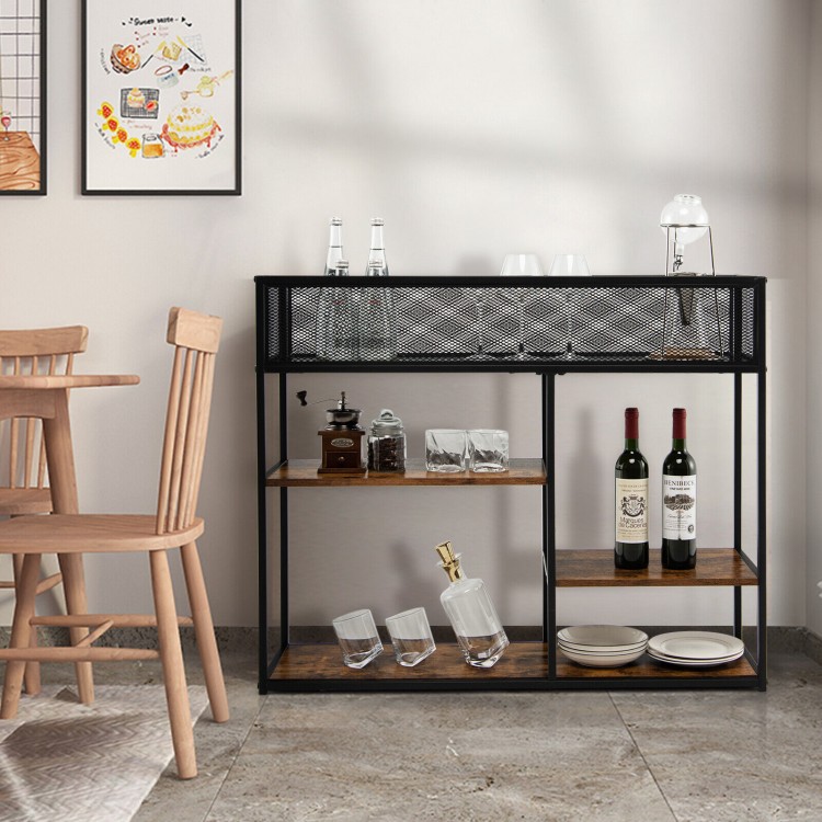 4-tier industrial console table in rustic brown with wire basket and shelves, ideal for living room or dining room.