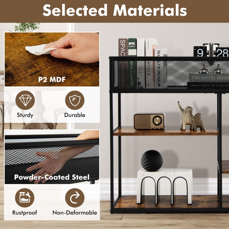 4-tier industrial console table in rustic brown with wire basket, MDF panels, and steel structure for versatile storage.