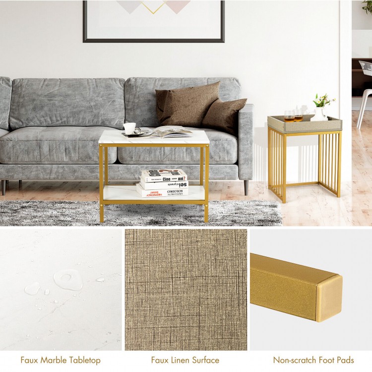 Nesting coffee table set featuring a faux marble tabletop and gold steel frame, perfect for living room storage and.