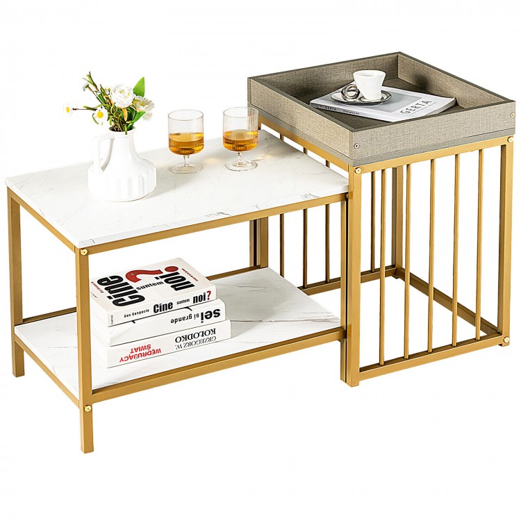 Nesting coffee table set featuring a 2-tier design with a tray top end table, made of MDF and steel for living room use.