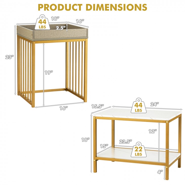 Nesting coffee table set featuring a 2-tier coffee table and a taller end table, made of MDF and steel for durability.