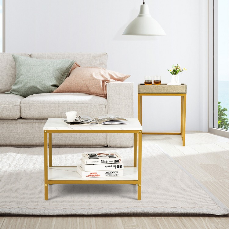 Nesting coffee table set featuring a 2-tier white coffee table and a taller end table, ideal for living room use.