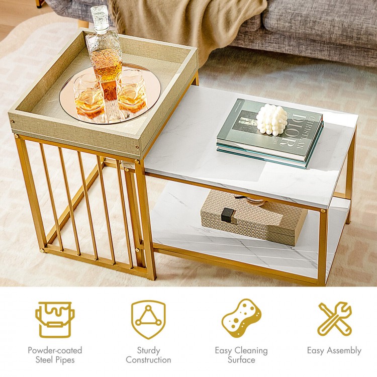 Nesting coffee table set featuring a white MDF surface and gold powder-coated steel frame, ideal for living room use.