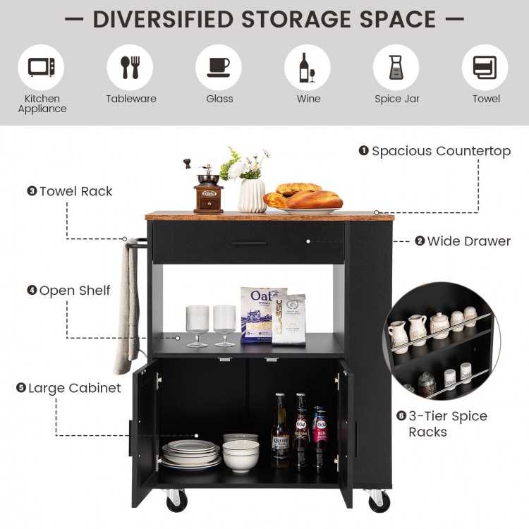 Kitchen island cart with spacious countertop, wide drawer, and 3-tier spice rack for versatile kitchen storage.