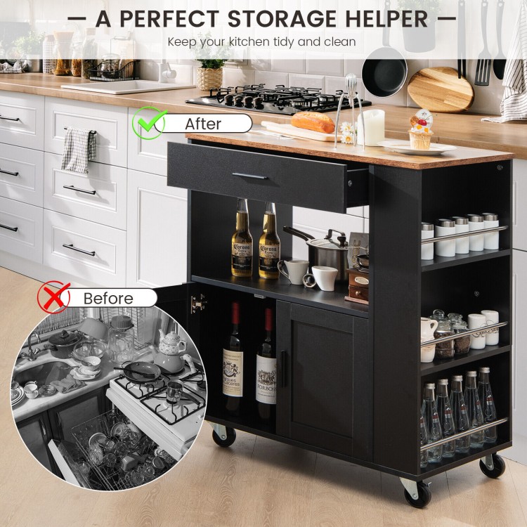 Kitchen island cart in black with a spacious countertop, drawer, and spice rack, ideal for kitchen organization.