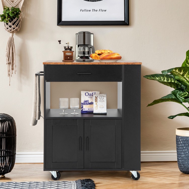 Rolling kitchen island cart in black with a waterproof countertop, drawer, and spice rack, ideal for versatile storage.
