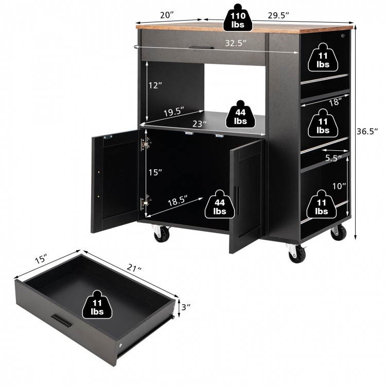 Rolling kitchen island cart in black with spacious countertop, drawer, cabinet, and spice rack for versatile storage.