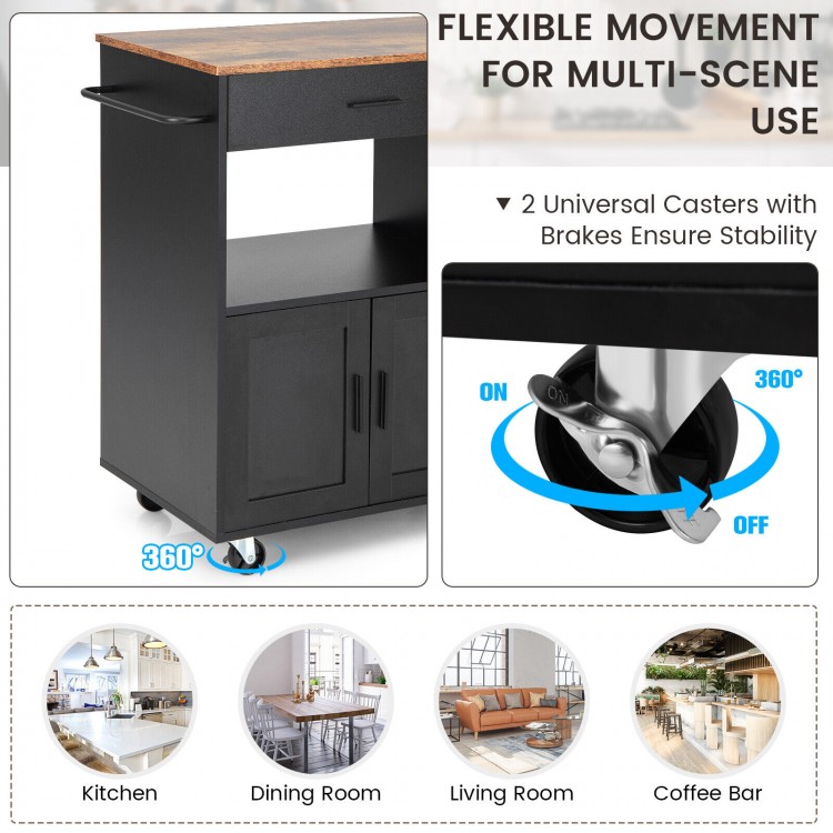 Kitchen island cart with black finish, spacious countertop, drawer, and 4 universal casters for easy mobility and.