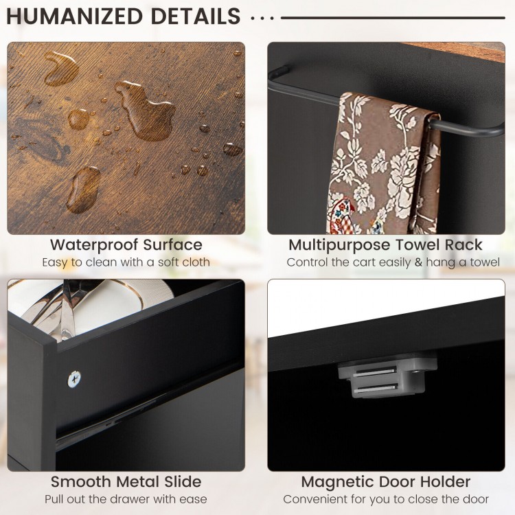 Kitchen island cart with waterproof surface, spice rack, and drawer, ideal for kitchen storage and easy mobility.