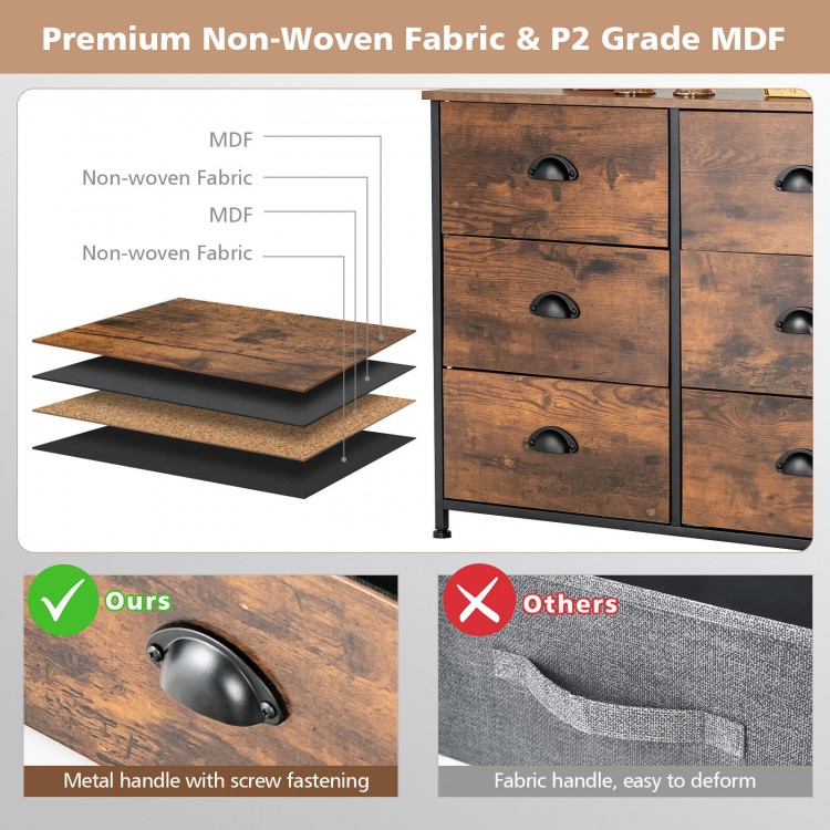 6-drawer storage chest in rustic brown with metal handles, non-woven fabric, and waterproof MDF top for versatile use.