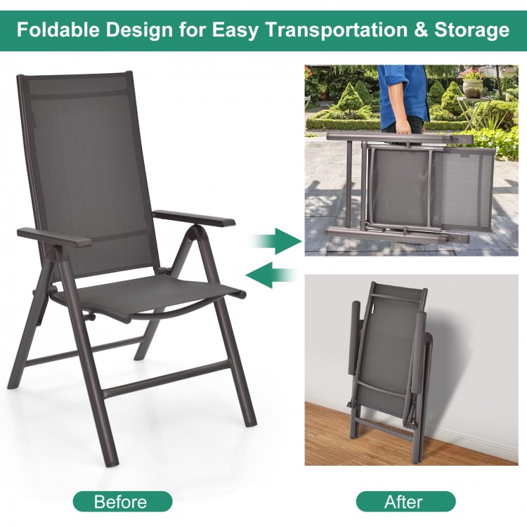 Folding patio dining chair with adjustable backrest in gray, ideal for outdoor use and easy storage.