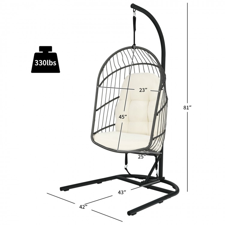 Side view of the hanging wicker egg chair with stand in beige, showcasing its spacious design and sturdy triangular.