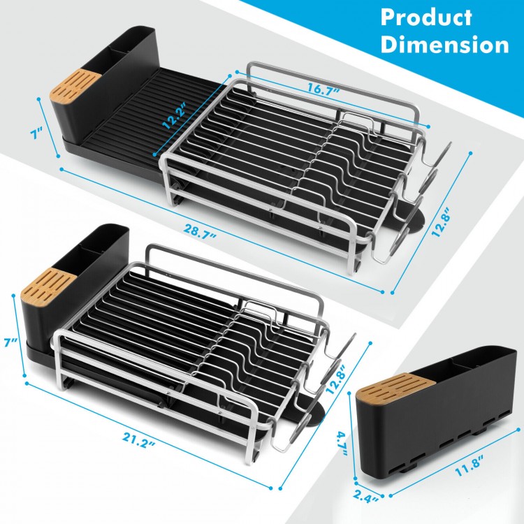 Aluminum expandable dish drying rack with drainboard, showing dimensions for optimal kitchen organization and drainage.