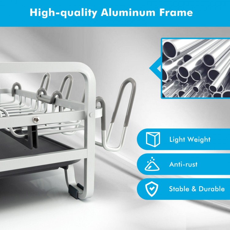 Aluminum expandable dish drying rack with drainboard, featuring a lightweight, anti-rust frame for efficient kitchen.
