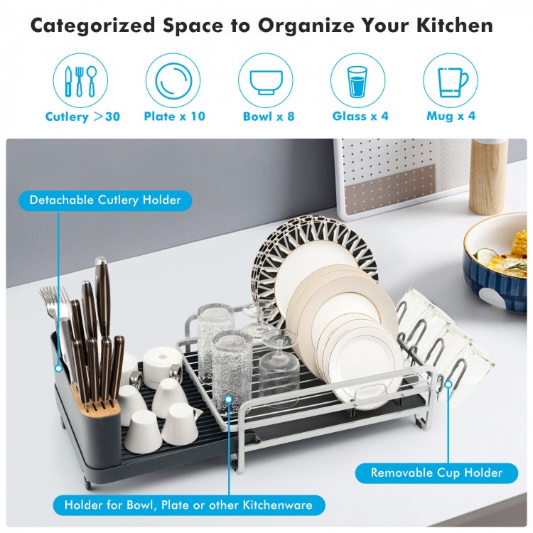Aluminum expandable dish drying rack with cutlery holder, drainboard, and 360-degree swivel spout for organized kitchen.
