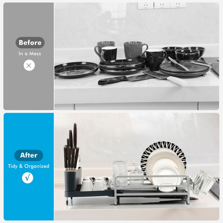 Aluminum expandable dish drying rack with drainboard, organized utensils, and 360-degree rotatable drainage spout.