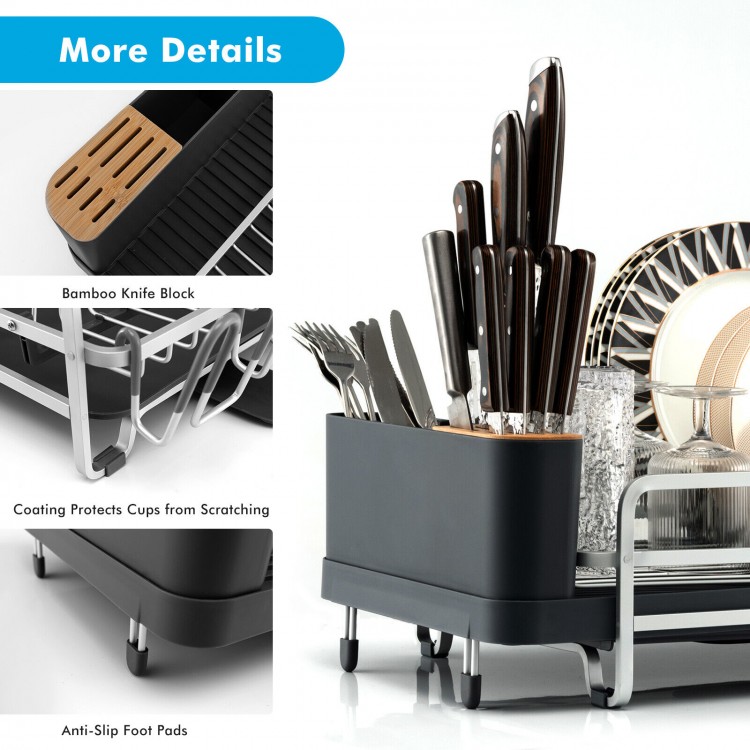 Aluminum expandable dish drying rack with bamboo knife block, cutlery holder, and rotatable drainage spout for.