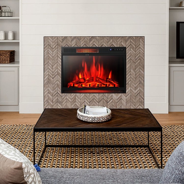 28-inch electric fireplace with realistic flames, remote control, and adjustable heat settings for cozy indoor ambiance.