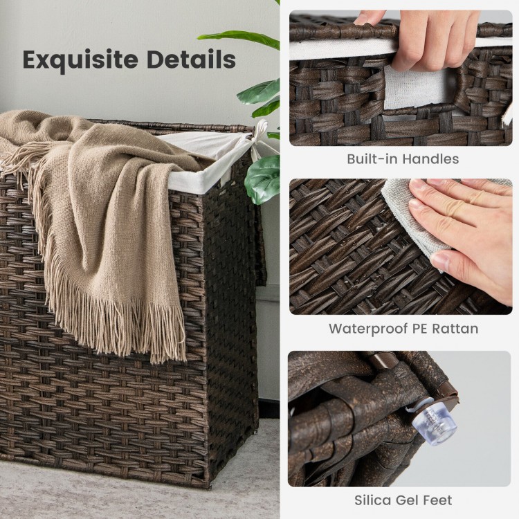 Detail view of the brown laundry hamper's built-in handles and waterproof PE rattan, designed for easy transport and.