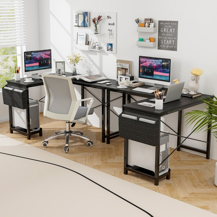 Dark gray L-shaped computer desk featuring a side storage pocket and robust metal frame, perfect for home office setups.